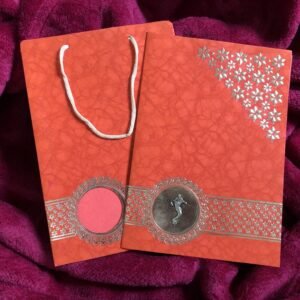 Bag Style Hindu Wedding Card in Red with Golden Ganesh 011